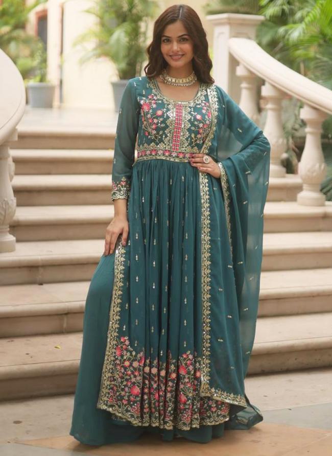 Georgette Blue Party Wear Embroidery Work Readymade Sharara Suit